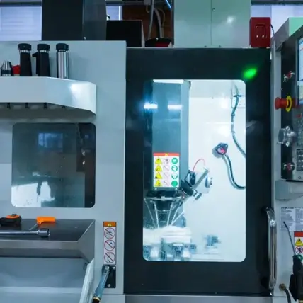 A Prototype Cnc Milling Machine In Operation, Showcasing The Interior Workspace Through A Transparent Window. Various Control Buttons And Warning Signs Are Visible On The Exterior. Shelves Hold Tools Above The Workspace, And Safety Instructions Are Posted Near The Door.