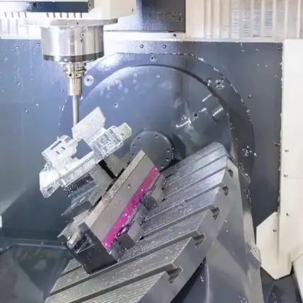 A Prototype Cnc Milling Machine In Action, With A Cutting Tool Precisely Shaping A Metallic Part Held In Position By A Vise On A Rotating Platform. The Environment Is Industrial, Featuring Metallic And Plastic Components And Surfaces, Illuminated By Bright Lighting.