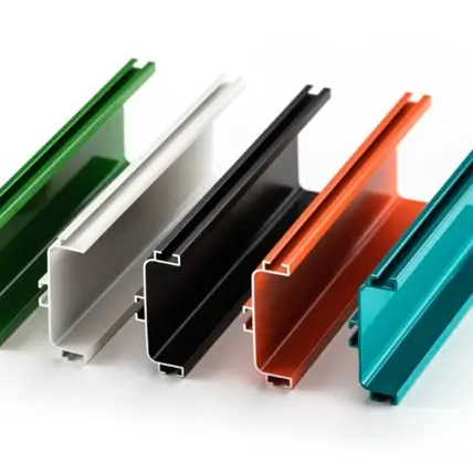 A Selection Of Colored Aluminum Profiles Arranged In A Row On A White Background. The Profiles, Used For Structural Or Framing Purposes, Are Green, Silver, Black, Orange, And Teal. Each Profile Displays A Distinct, Angular C Or H-Shape Design.
