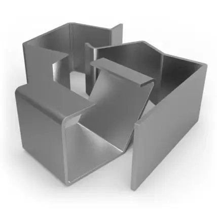 A 3D Rendering Of A Metallic, Angular, Abstract Sculpture With Multiple Folded And Interconnected Flat Surfaces, Resembling A Complex Geometric Shape. The Object Has A Modern, Industrial Appearance Achieved Through Precise Sheet Metal Fabrication, With Sharp Edges And Clean Lines.