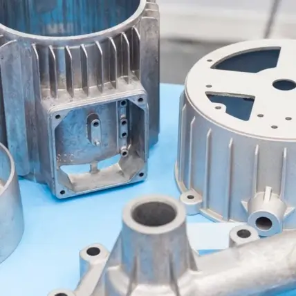 Close-Up Of Several Silver Metal Components With Machined Surfaces, Including Cylindrical And Circular Parts, Arranged On A Blue Surface. Likely Produced Through Rapid Die Casting, They Showcase Industrial Manufacturing And Precision Engineering.