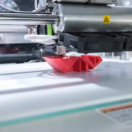 A 3D Printer In Operation, With A Close-Up Of The Print Head Depositing Red Filament Layer By Layer To Create A Geometric Object On The Printer Bed. The Background Is Blurred, Focusing Attention On The Fdm 3D Printing Process.
