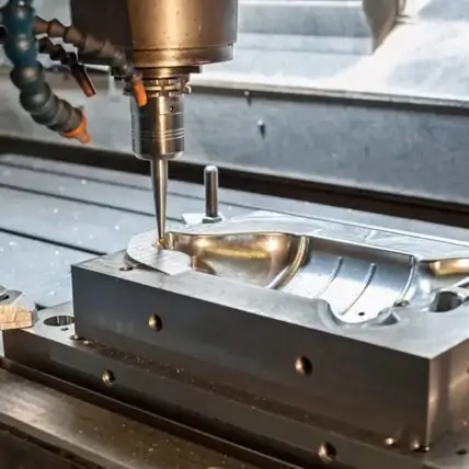 A Cnc Machine Precisely Milling A Metallic Mold With Intricate Details, Ideal For Prototype Tooling. The Machine'S Spindle Is Actively Engaged, And Coolant Hoses Are Visible In The Background. The Mold Appears To Be Securely Fastened On A Flat Work Surface.