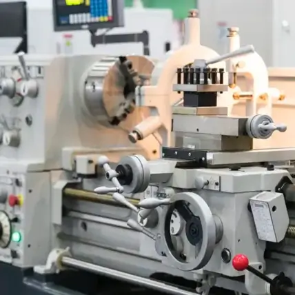 A Close-Up Shot Of A Metal Lathe Machine In A Workshop. The Machine Features Various Control Knobs, Dials, A Rotating Spindle, And A Tool Post. The Background Shows Part Of The Workshop Environment With A Digital Display Partially Visible.