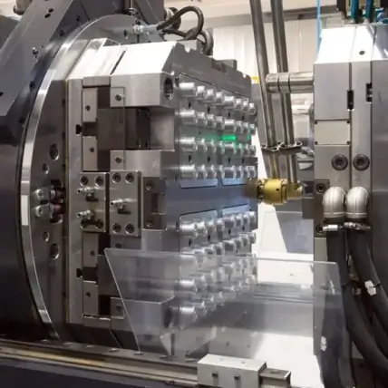 A Close-Up View Of A Complex Industrial Machine Used For Injection Molding And Prototype Tooling. Multiple Metal Components And Connectors Are Visible, Along With Cylindrical Parts And Hydraulic Lines. The Machinery Is Situated In A Clean, Well-Lit Manufacturing Environment.
