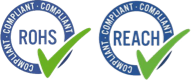 Two Compliance Logos Are Shown. The Left Logo Reads &Quot;Compliant - Rohs&Quot; With A Green Check Mark. The Right Logo Reads &Quot;Compliant - Reach&Quot; With A Green Check Mark. Both Logos Have A Blue Circular Border With The Word &Quot;Compliant&Quot; Repeated Around The Edge.