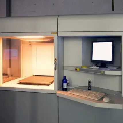 A 3D Printer Inside The Room, Surrounded By Various Tools And Equipment, Specializes In Sla 3D Printing Service. The Large Build Area Is Visible Through A Side Window. Adjacent To It Is A Computer Setup With A Blank Monitor, Keyboard, And Mouse On A Shelf With Other Small Items.