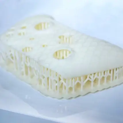 A 3D-Printed Sole Of A Shoe, Crafted Using Sls 3D Printing Service, With Intricate Lattice-Like Structures And Multiple Holes. The Material Appears To Be White Plastic Against A Light, Blurred Background.