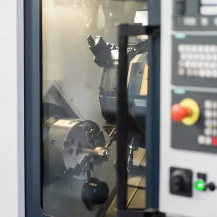 Close-Up Of A Prototype Cnc Machine In Operation, Focusing On The Cutting Tool And Workpiece Inside The Enclosed Machining Area. The Machine'S Control Panel Is Visible To The Right With Various Buttons And A Digital Display. The Setup Is Clean And Well-Lit.