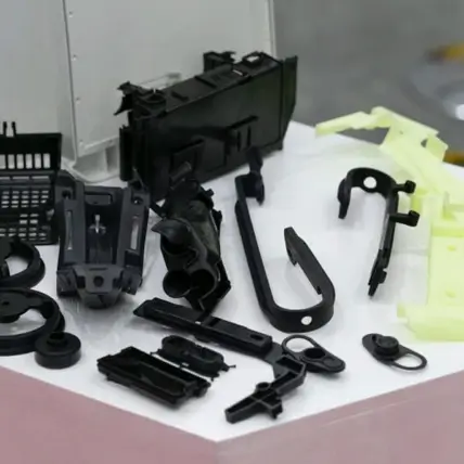Various Black And Yellow 3D Printed Mechanical Parts, Possibly Intended For Urethane Casting Service, Are Displayed On A White Surface. The Parts Have Different Shapes And Sizes, Some Resembling Brackets, Gears, And Housing Components.