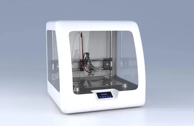 A White 3D Printer With A Transparent Enclosure Is Displayed. The Printer Features A Build Platform, Extruder, And Control Panel On The Front. The Background Is A Plain Light Blue Gradient.