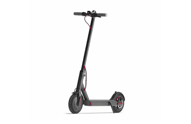 A Sleek, Modern Electric Scooter With A Black Frame And Red Accents. The Scooter Has A Flat Deck, Small Rear And Front Wheels, And A Handlebar With A Control Panel. It Features A Minimalistic Design And Is Against A White Background.