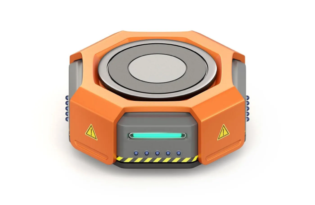 A Small, Hexagonal Orange And Grey Robotic Device With Caution Symbols On Its Sides And A Circular Top Platform. It Features A Green Light Indicator And Blue Components On The Sides, Set Against A White Background.