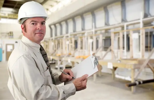 A Man In A White Hard Hat And Beige Shirt Stands In A Spacious Industrial Facility. He Holds A Clipboard And Pen, Appearing To Take Notes Or Inspect The Surroundings. The Background Features Various Industrial Equipment And Machinery.