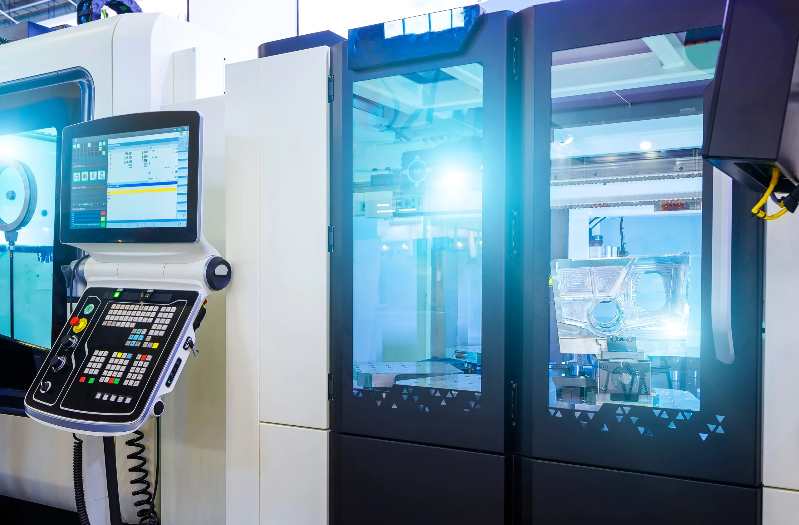 A modern CNC machine with a digital control panel on the left and a transparent window showcasing the machinery inside on the right, under bright industrial lighting.