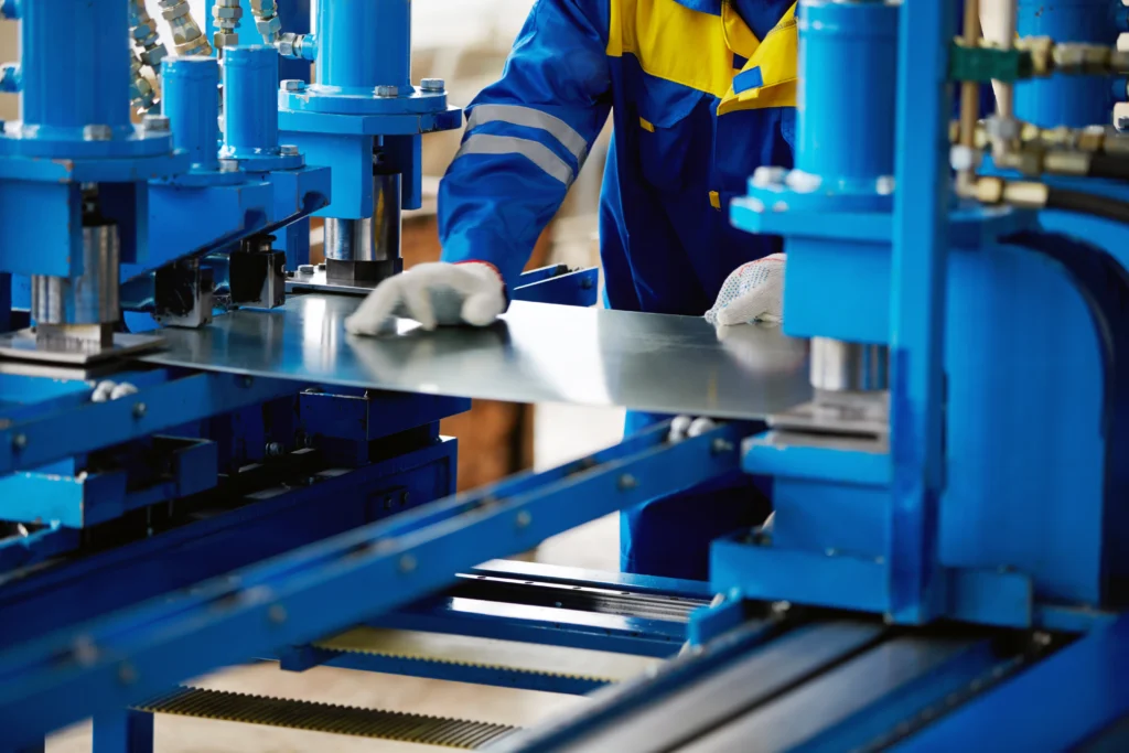 Worker Operating An Industrial Machine With Blue Metal Components, Wearing A Blue And Yellow Uniform And White Gloves, Handling A Large Metal Sheet.