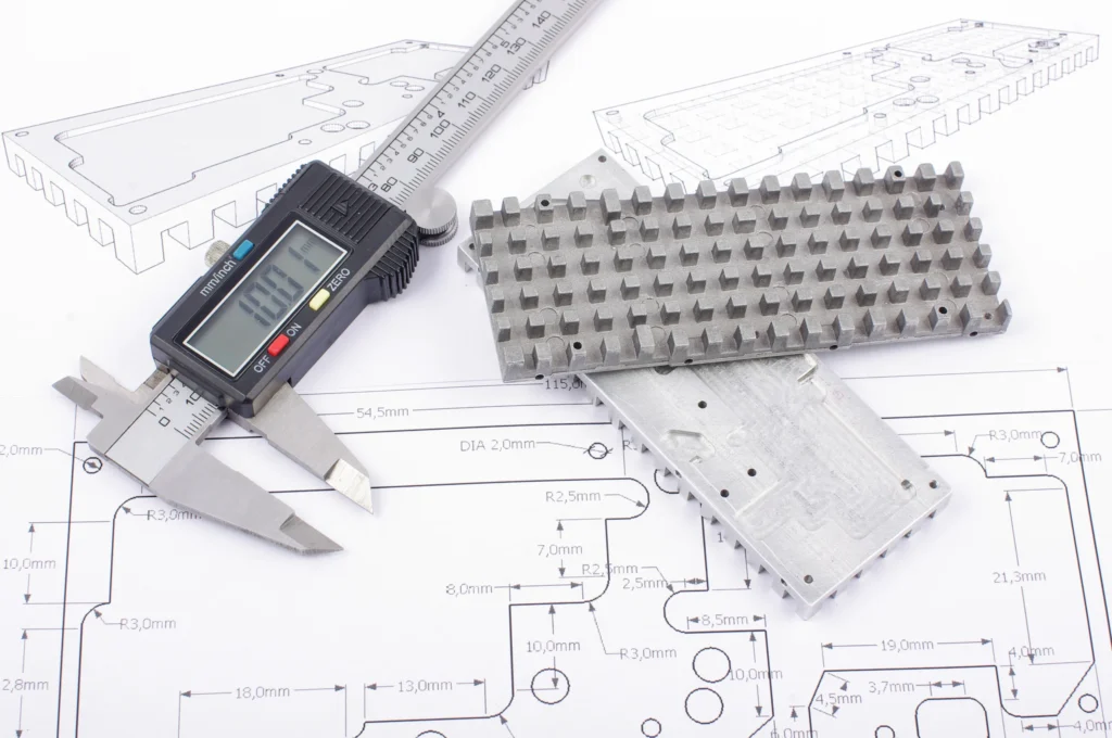 A Caliper And Metal Components Lie Atop Technical Blueprints. The Caliper'S Digital Screen Displays A Measurement, And The Blueprints Feature Detailed Diagrams With Dimensions, Suggesting An Engineering Or Manufacturing Project.