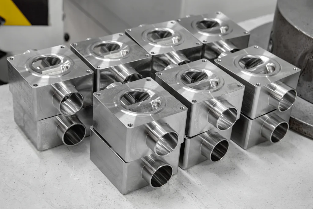 A Group Of Shiny, Square Metallic Components With Cylindrical Protrusions Are Neatly Arranged On A Light Surface In A Workshop Setting.