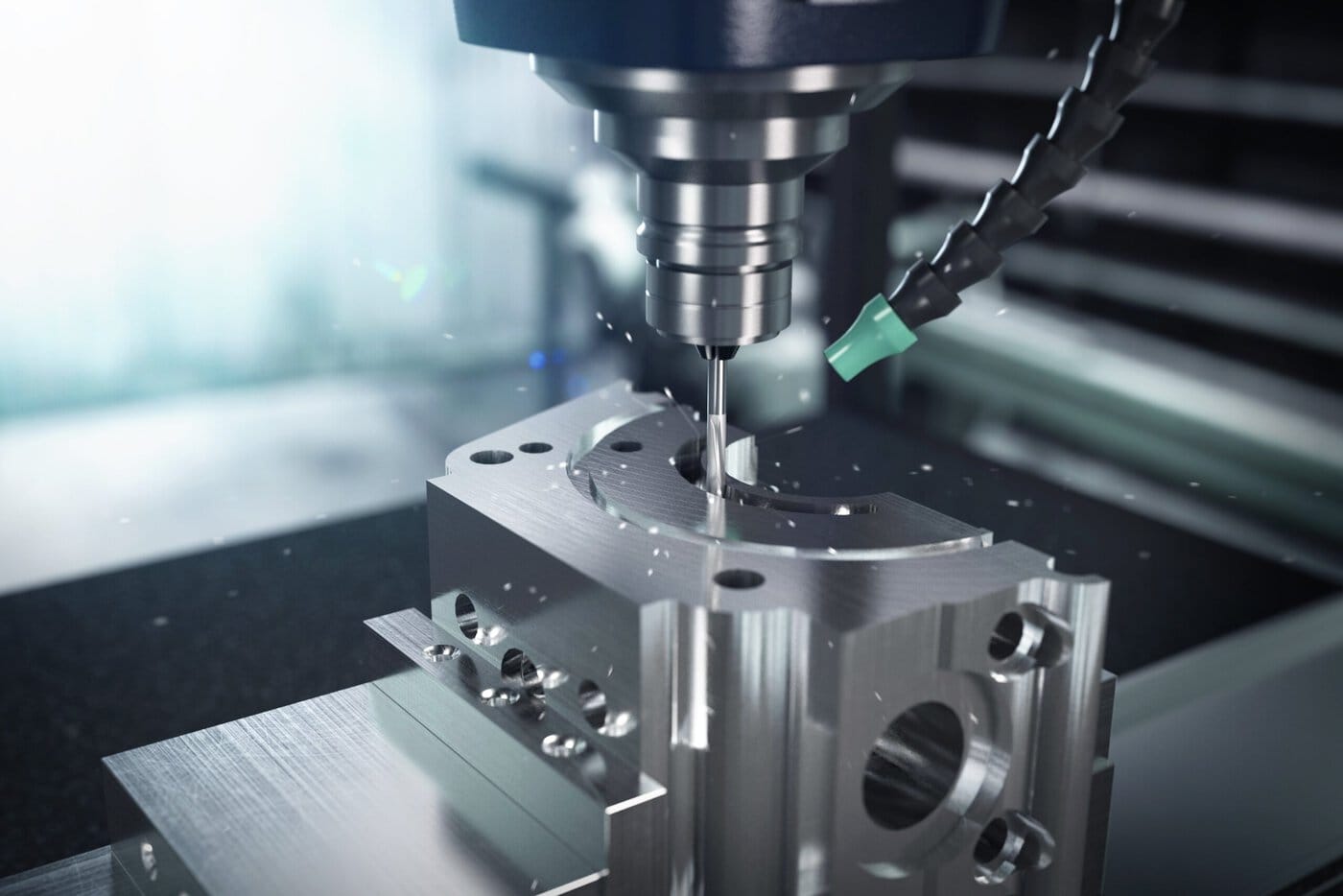 A CNC machine is in operation, drilling into a metal block. Metal shavings are visible around the drill bit. The setting appears industrial, with a blurred background emphasizing the precision machinery in the foreground.