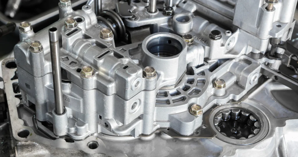 Close-Up Of A Metallic Automotive Transmission Component With Multiple Bolts, Gears, And Intricate Mechanical Details. The Silver-Gray Surface Has A Polished Appearance, Highlighting The Engineering Precision In Its Design.