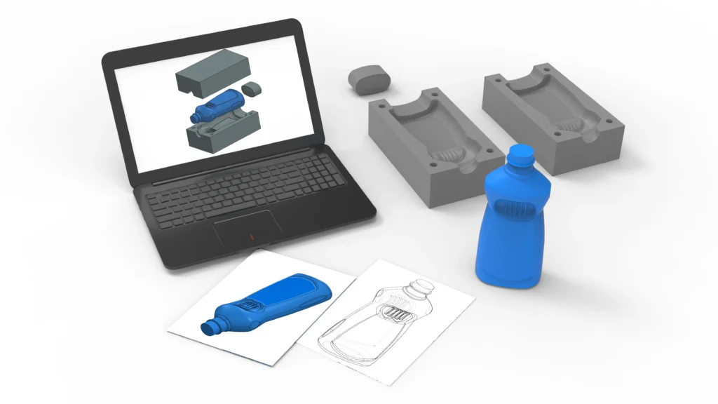 A Laptop Displays A 3D Model Of A Bottle. Next To It Are Two Design Sketches And A Blue Plastic Bottle With Gray Molds.