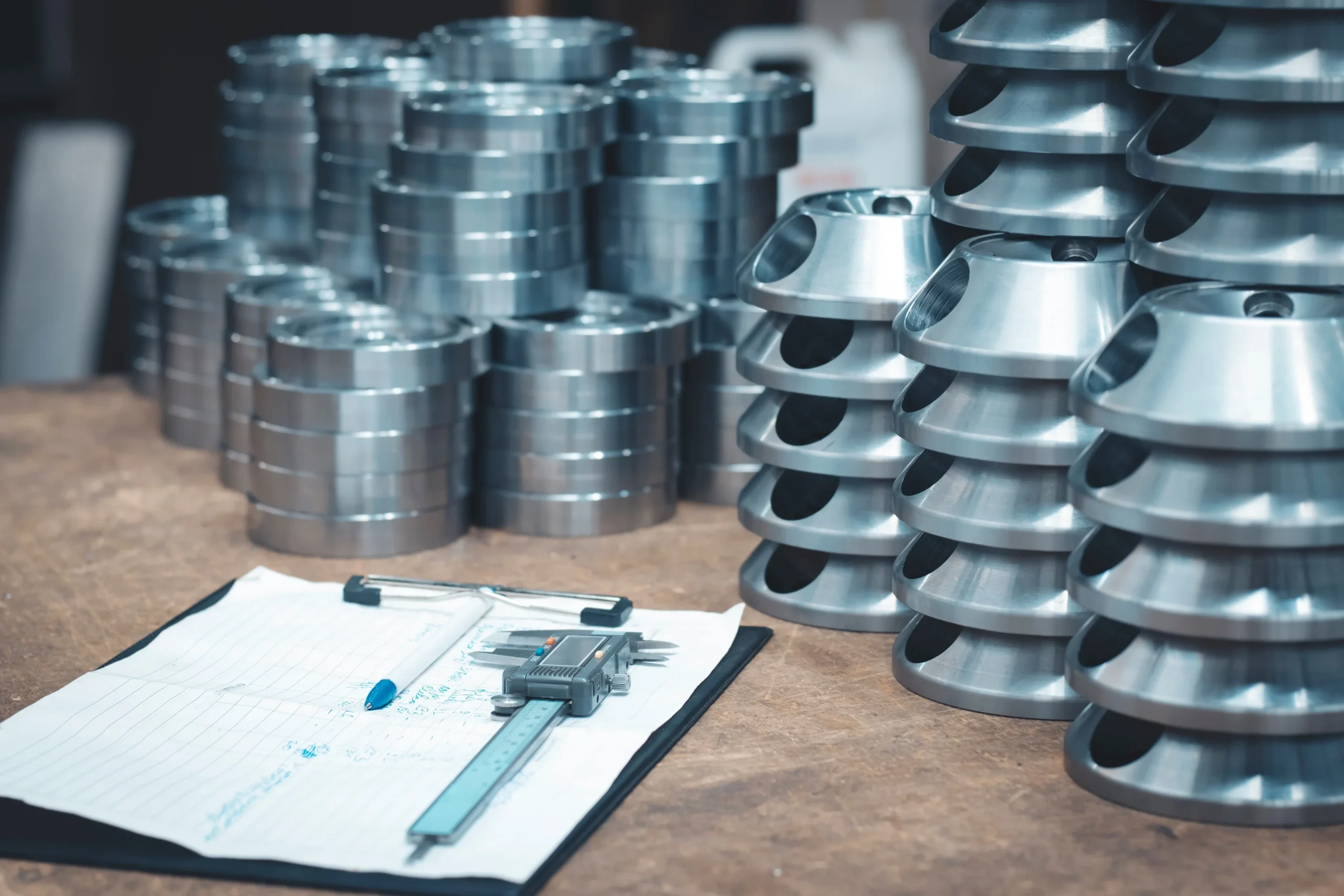 Stacks of shiny metal components are arranged on a workbench next to a clipboard holding a paper with diagrams and a blue pen. A digital caliper is placed beside the clipboard.