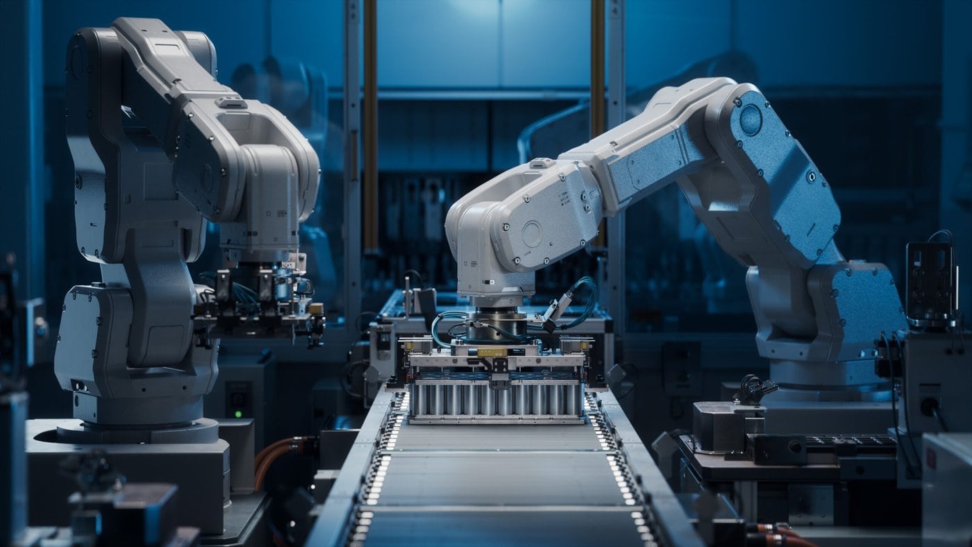 Two robotic arms work on an assembly line in a high-tech factory setting. The scene is illuminated with blue lighting, highlighting the mechanical components and creating a futuristic atmosphere.