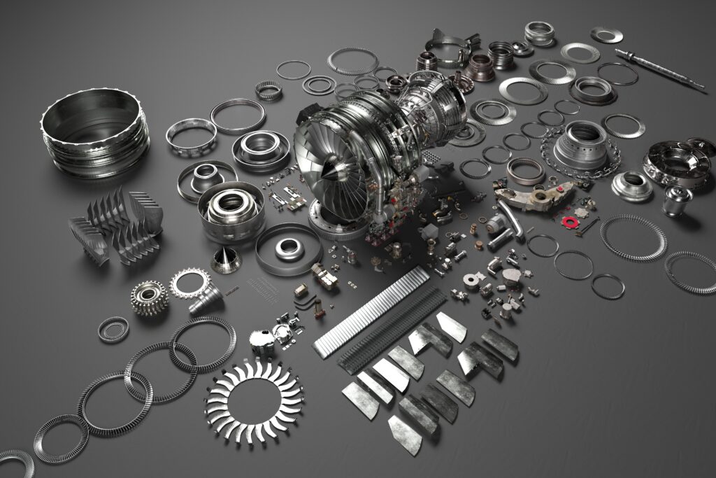 An Intricate, Detailed Layout Of A Disassembled Jet Engine Displayed On A Dark Surface. Various Components Like Blades, Rings, And Gears Are Neatly Organized, Showcasing The Complexity And Precision Engineering Of The Engine Parts.
