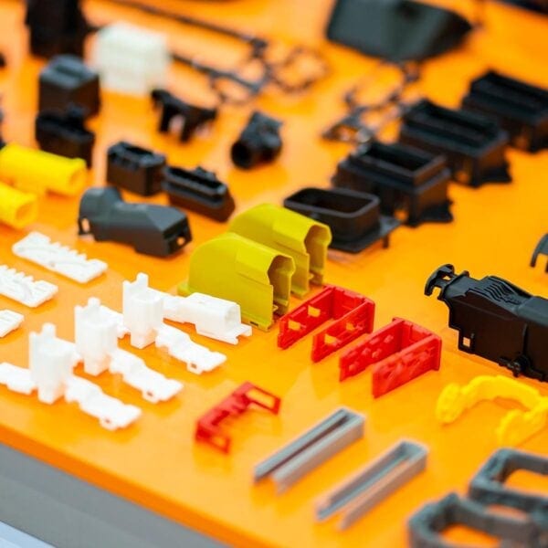 A Variety Of Colorful Plastic Components, Including Red, Yellow, White, And Black Pieces, Are Neatly Arranged On An Orange Surface. The Components Appear To Be Parts For Electronic Or Mechanical Assemblies.