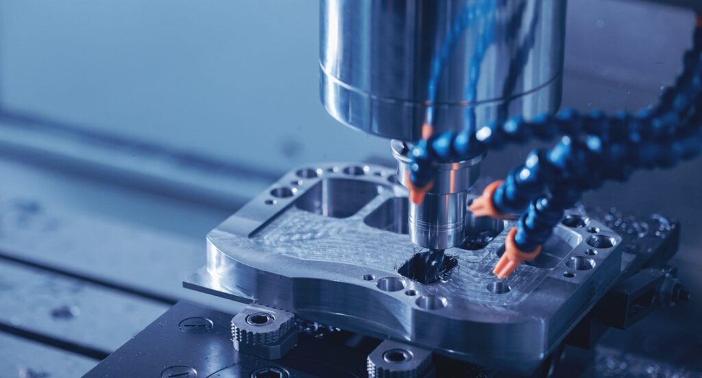 Close-Up Of A Cnc Milling Machine Working On A Metal Piece. The Sharp Cutting Tool Is Surrounded By Blue Tubes Spraying Coolant, Creating A Precise And Detailed Cut. The Metal Surface Has Visible Drill Marks And Shavings.