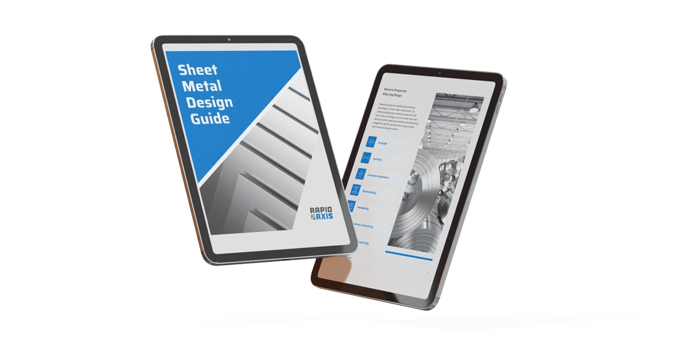 Two Tablets Are Shown Side By Side. The First Displays A Cover Titled &Quot;Sheet Metal Design Guide&Quot; With A Blue And Gray Design. The Second Shows An Open Page With Text, A List, And An Industrial Image Featuring Prototype Waterjet Cutting Techniques.