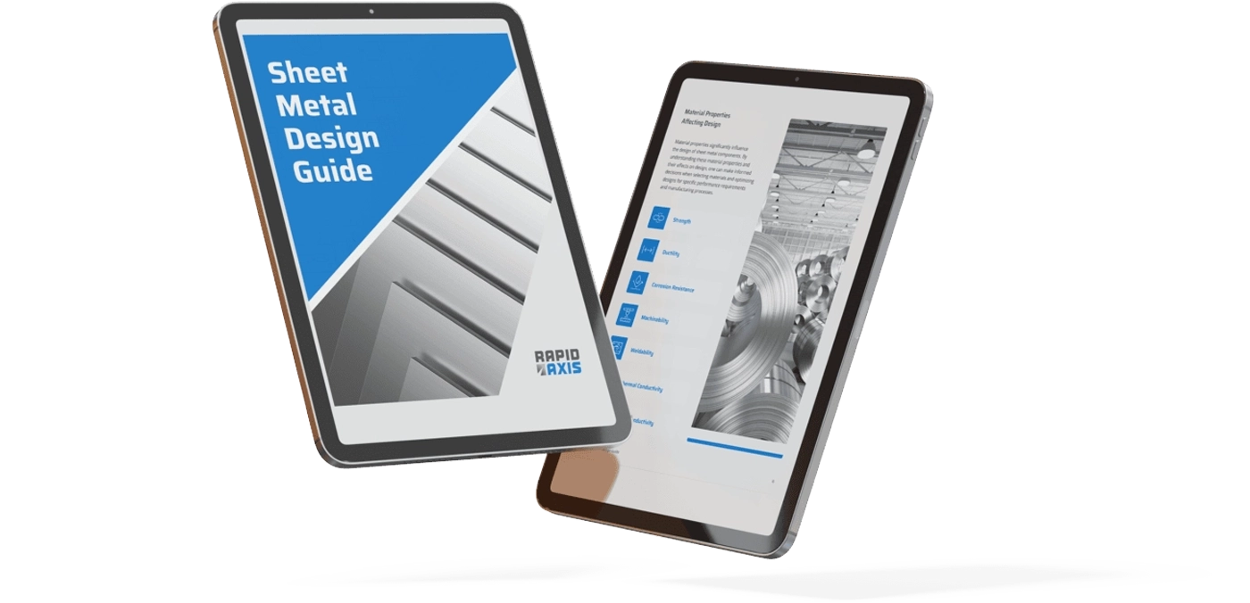 Two Tablets Displaying A Sheet Metal Design Guide. The Left Tablet Shows A Blue And Gray Cover With The Title, While The Right Tablet Displays A List Of Contents And A Photo Of An Industrial Setting.