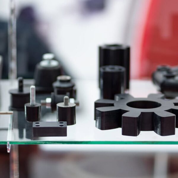 Various Black Mechanical Components And Metal Fasteners, Made Using Abs Cnc Machining Service, Are Displayed On A Glass Shelf—Including Gears, Bolts, Spacers, And Bushings—Against A Blurred Background.