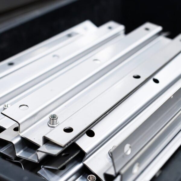 Several Shiny Metal Rails With Holes And Grooves, Crafted Through Stainless Steel Sheet Metal Fabrication, Are Stacked Together Inside A Black Container.