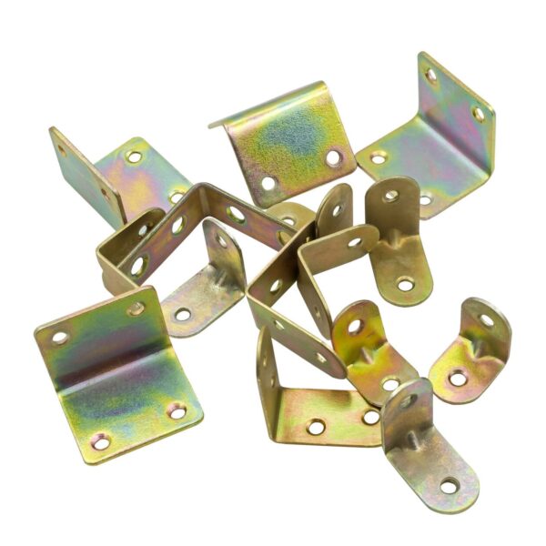 A Pile Of Yellow Custom Metal Brackets, L-Shaped With Four Holes Each, Used For Joining Or Supporting Parts At A Right Angle, Isolated On A White Background.