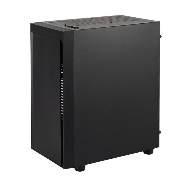 A Black, Rectangular Custom Computer Enclosure With A Plain Side Panel, Ventilation Holes On Top, And A Minimalistic Design. The Solid Front Panel And Four Small Legs Give This Case A Sleek, Modern Appearance.