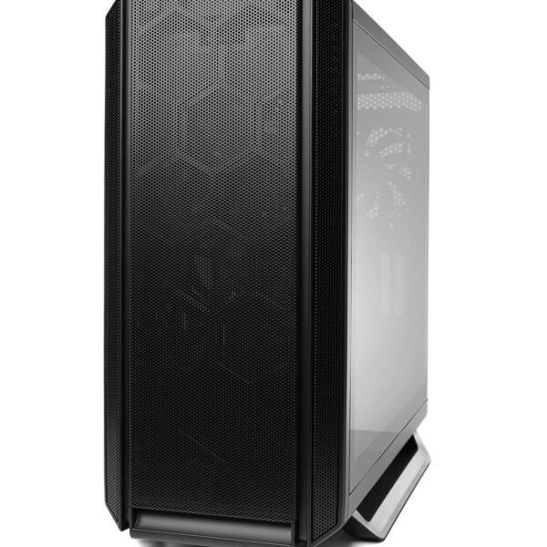 Black Computer Tower Case With A Mesh Front Panel And A Tempered Glass Side Panel, Viewed From A Three-Quarter Angle On A White Background—Ideal For Those Seeking Stylish Custom Computer Enclosures.