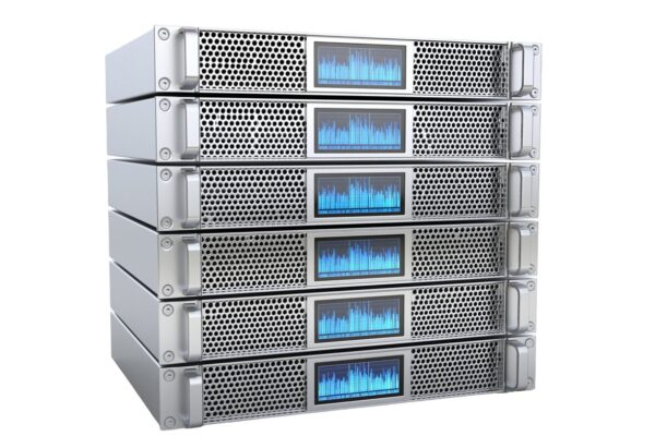 A Stack Of Five Server Units With Digital Displays Showing Blue Performance Graphs On The Front Panels, Housed In Sleek Custom Rackmount Enclosures, Isolated On A White Background.