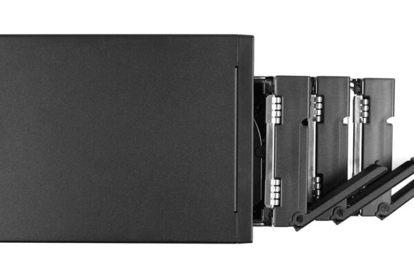 A Black Computer Case Viewed From The Side With Four Hard Drive Bays Extended Outward, Showing The Internal Trays Partially Open—Ideal Inspiration For Custom Rackmount Enclosures.